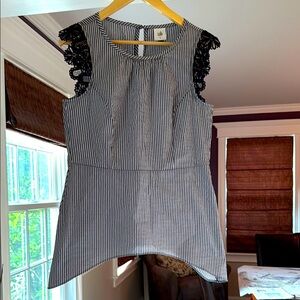 CAbi Navy and White Striped Blouse with Lace cap sleeves